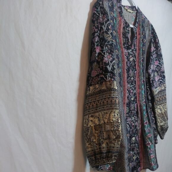 Soft Surroundings Milarepa Silk Puff Long Sleeve Floral Button Front Blouse Sz L - Picture 3 of 11